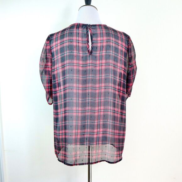 Torrid Size 0 / L Chiffon Lurex Ruched Sleeve Blouse Plaid Red Black - Picture 5 of 10